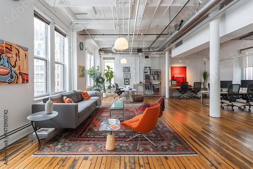 Modern open office lounge with gray sofa colorful chairs wooden floors