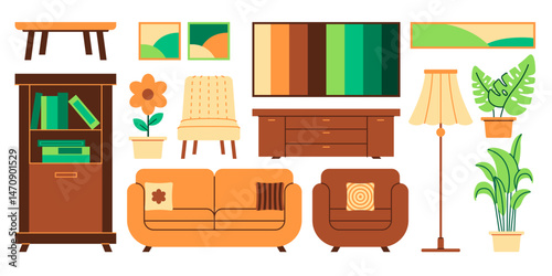 Living sitting room indoor object illustration sofa chair bookshelf cartoon flat frame standing lamp home interior