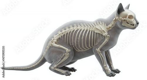 Isolated Gray Cat with Visible Full Skeleton on White Background Detailed Anatomical View Featuring Skull Ribs and Limbs for Veterinary or Science Educational Purposes