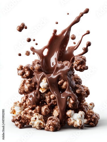 Delicious chocolate cascading over popcorn, a delightful sweet treat. Indulge in this irresistible confection.