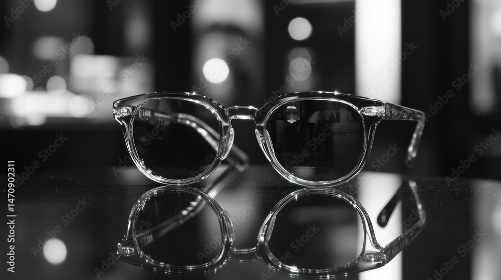 Clear frame eyeglasses sitting on a reflective surface in monochrome photography Clear frame eyeglasses sitting on a reflective surface in monochrome photography