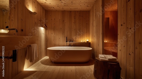Cozy wooden bathroom with a freestanding tub and candles