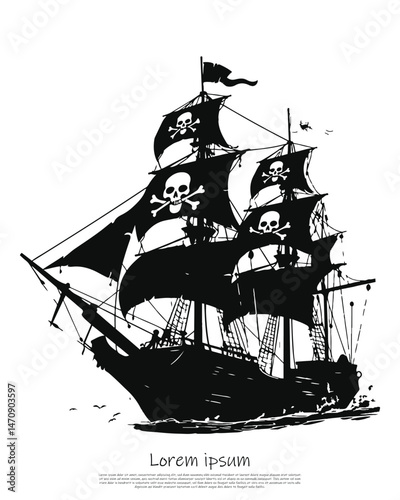 Monochrome Silhouette Pirate Ship Sailing with Skull Flags on Transparent Background