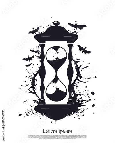 Sandglass Silhouette with Grunge Splash, Bats, Time Concept with Transparent BG