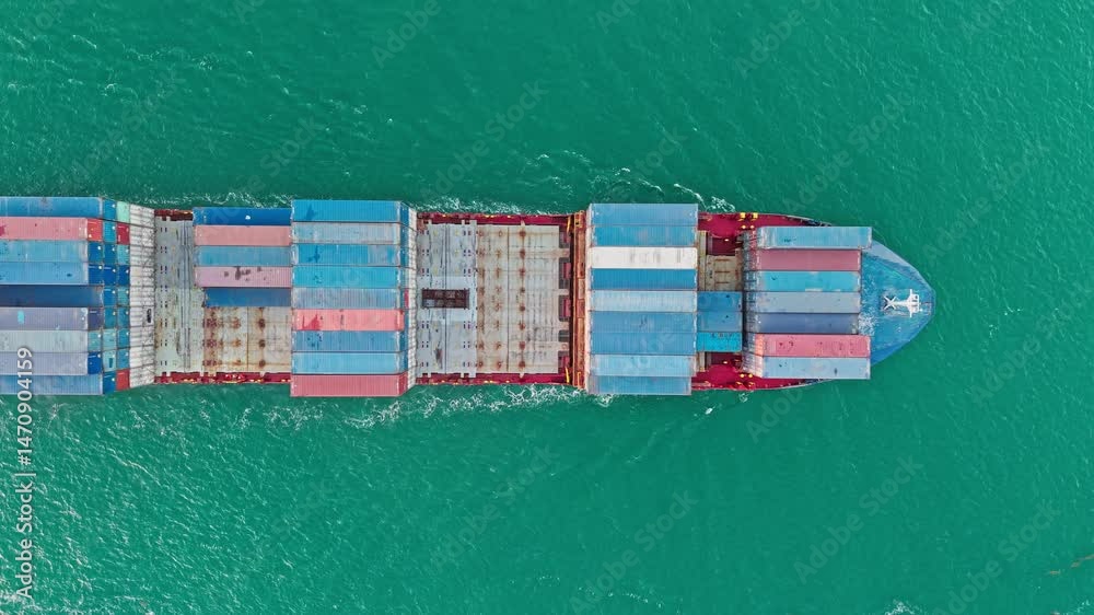 Container ship. Shipping logistics. Commercial shipping. Cargo ship in sea, aerial view. Freight container loaded on cargo vessel. Aerial view ship. Cargo business. Maritime cargo transport