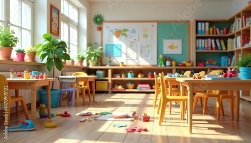 Preschool classroom, colorful toys and learning materials spread across tables and floor , play, sensory toys