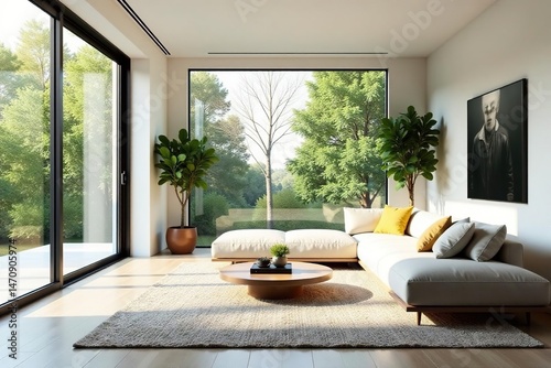 Modern minimalist living room with large window, showcasing clean lines and natural light , contemporary, natural light