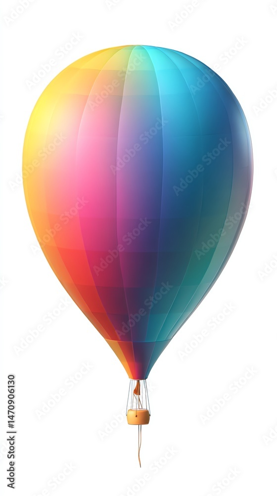 Naklejka premium Colorful Hot Air Balloon Soaring High, A Vibrant Spectacle Against a White Sky