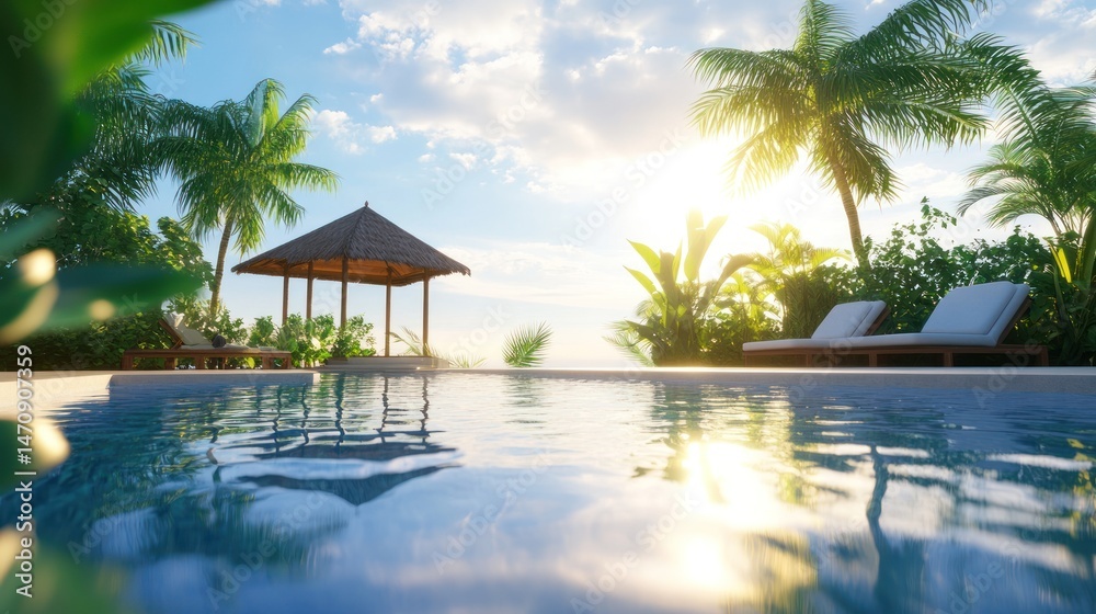 Fototapeta premium Serene tropical poolside scene at sunset with lush greenery