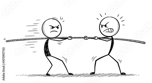 Cartoon stick figures engaged in intense tug of war challenge for dominance photo