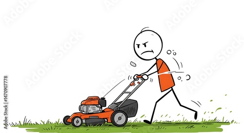 Cartoon stick figure struggling with a lawn mower looking very annoyed