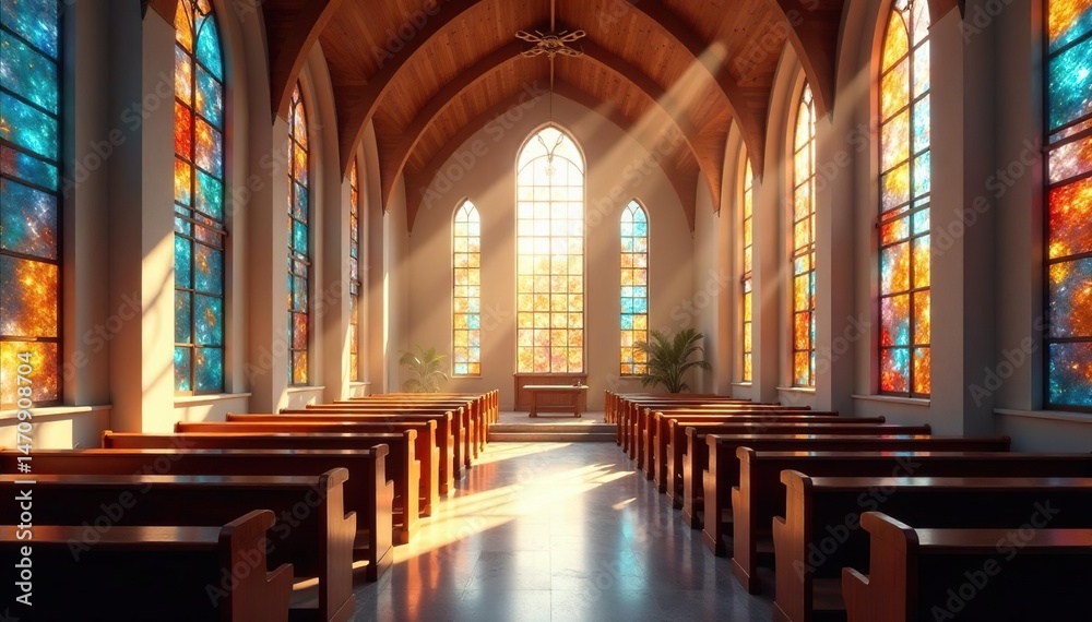 Fototapeta premium Modern church sanctuary, sunlight streaming through stained glass windows , contemporary, windows