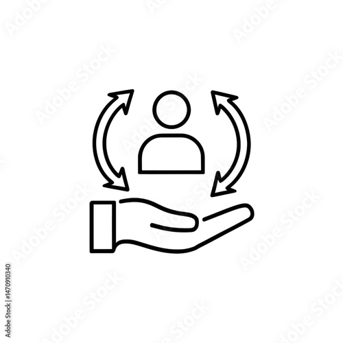 Outline Icon of Hand Supporting Person with Arrows Representing Customer Care or Management