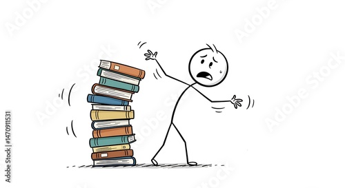 Stick Figure Losing Control of Towering Book Stack in a Humorous Illustration