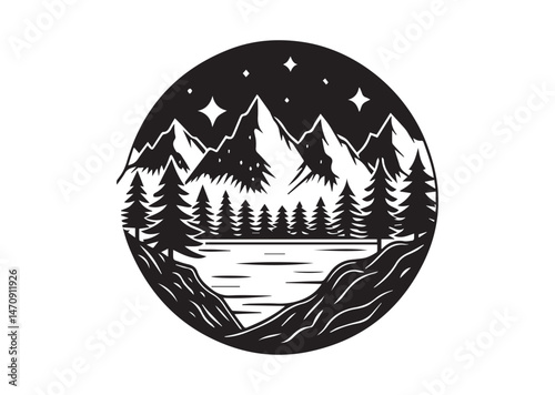 Mountain Lake Silhouette Vector