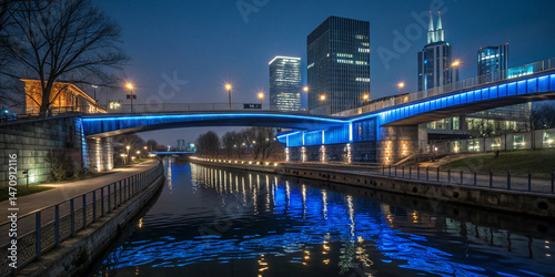 An illuminated bridge with soft blue lighting running underneath, spanning a quiet canal with glistening reflections and distant glass towers glowing in the background.
