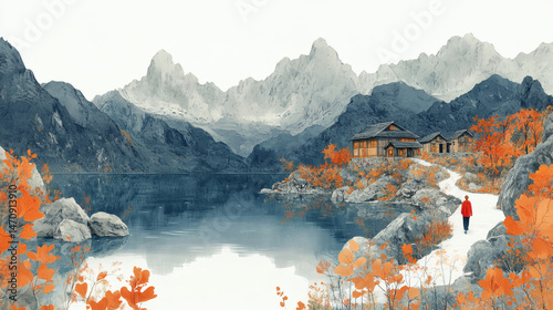 Person walks towards village near calm lake with mountain background