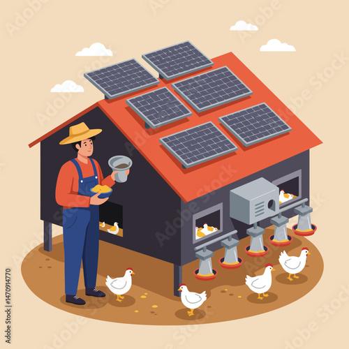 Farmer Feeding Chickens at Solar Panel Chicken Coop Illustration