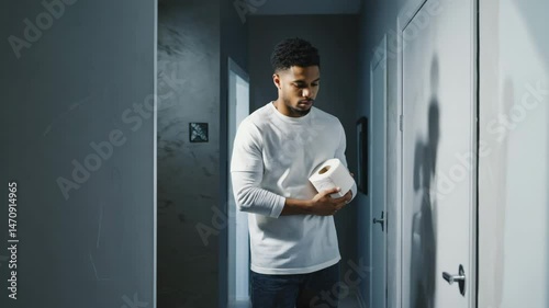 Man with Toilet Paper Standing Outside Restroom