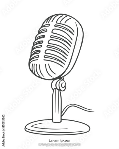 Vintage microphone outline drawing with cable on stand isolated on transparent background