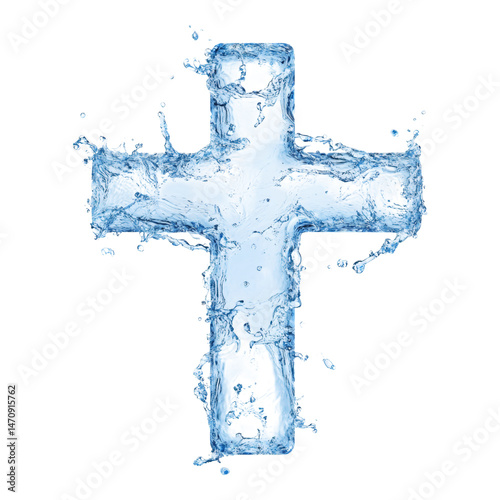 Water Forming Cross Shape with Splashes and Drops on White  Isolated on transparent background
