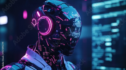 Futuristic robot with neon accents in a tech environment