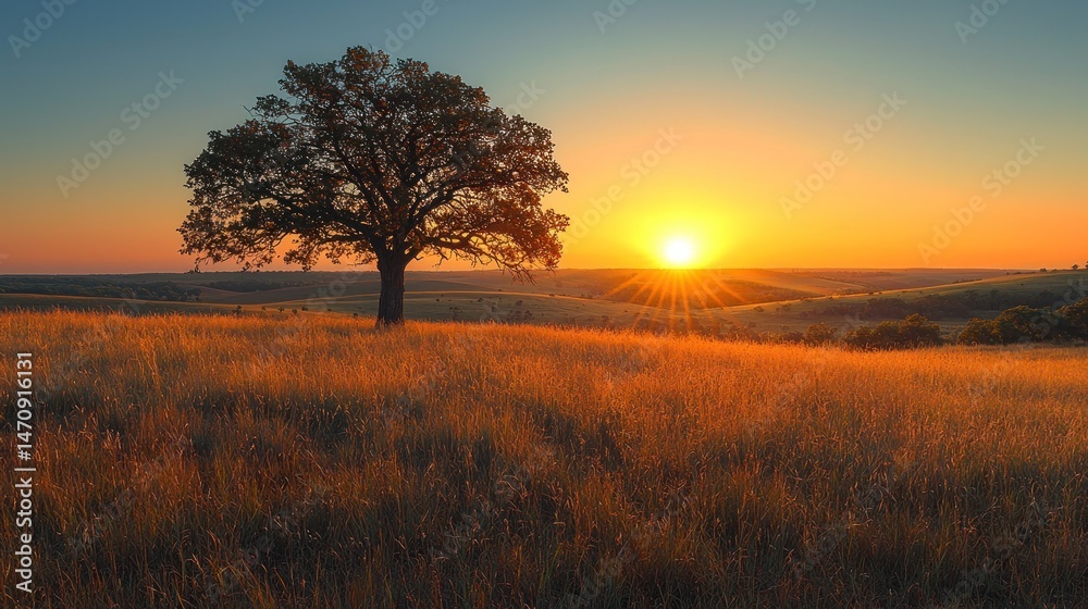 Fototapeta premium Sunrise over a golden field with lone tree