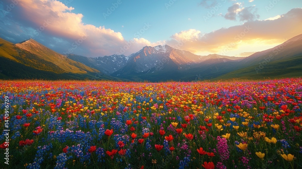Fototapeta premium Vibrant flower field stretches to majestic mountains at golden hour