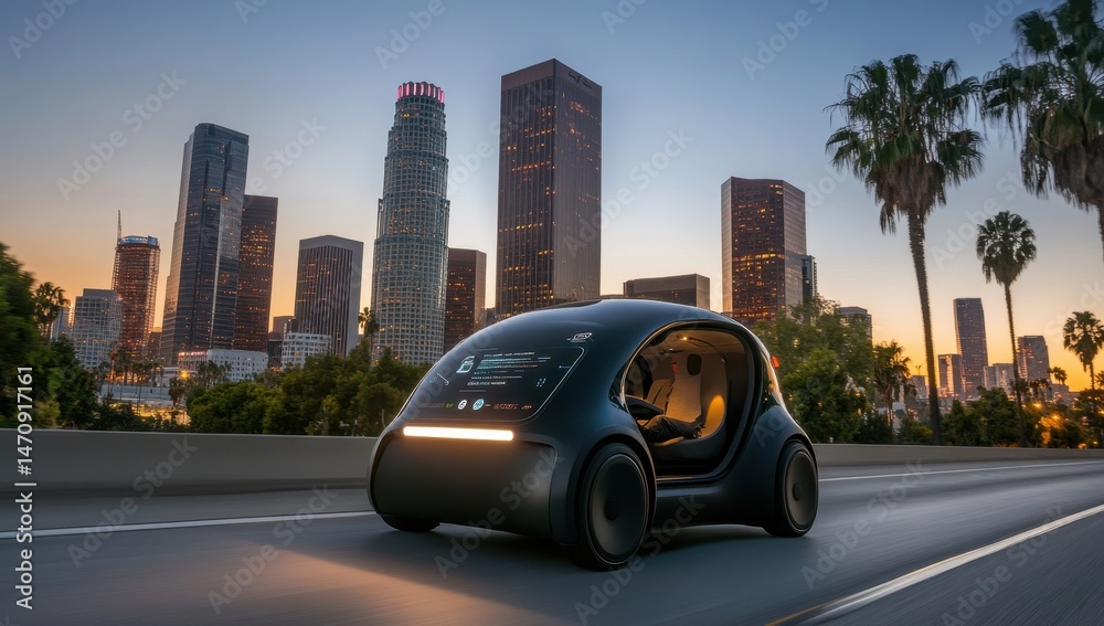 Naklejka premium Futuristic electric vehicle on city street at sunset
