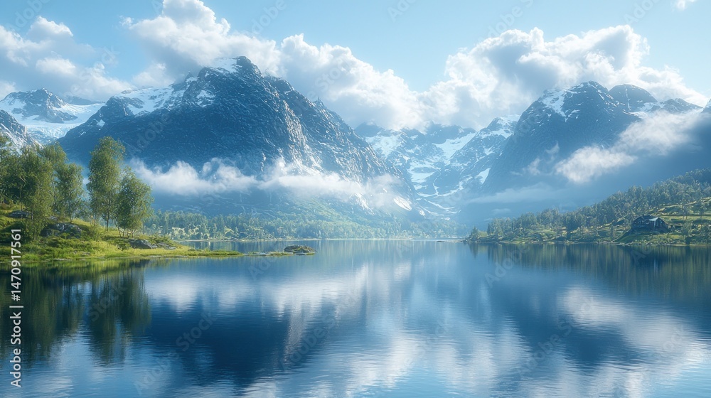Fototapeta premium Serene mountain lake landscape, bright sunny day