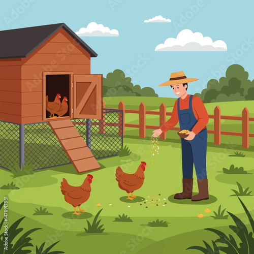 Feeding Chickens on a Sunny Farm with Coop and Fence