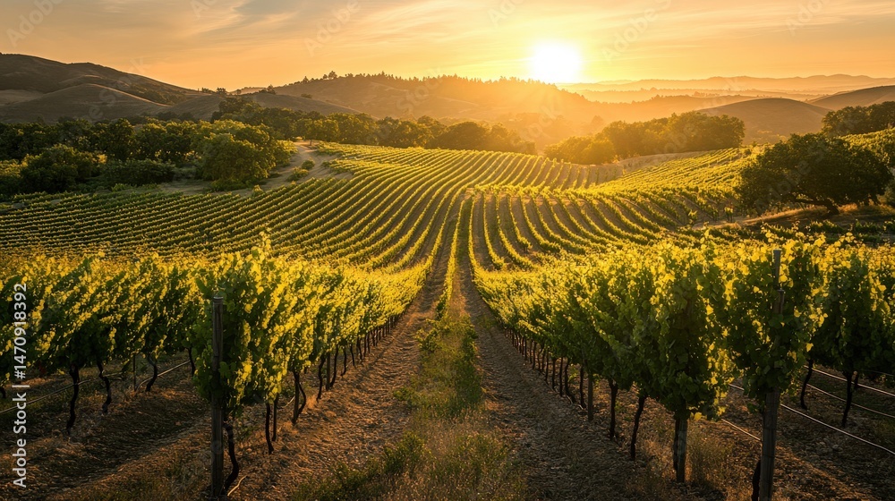 Fototapeta premium Golden hour landscape of a vineyard with rows of vines.