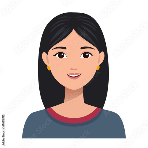 Flat Vector. Portrait of only one Woman. Simple Background.