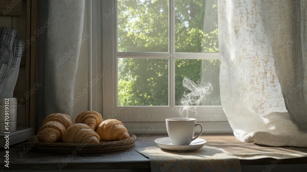Rustic Windowsill Breakfast Scene With Sunlight Rustic Windowsill Breakfast Scene With Sunlight