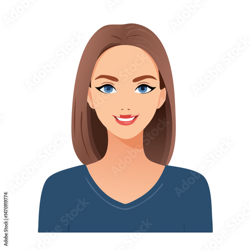 Flat Vector. Portrait of only one Woman. Simple Background.