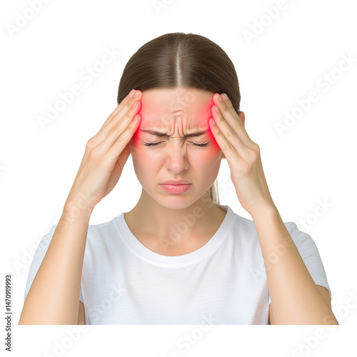 Young Woman with Headache Holds Head in Pain on Isolated  Isolated on transparent background