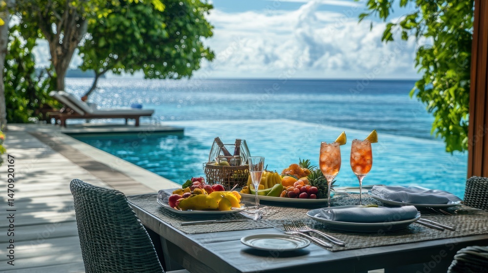 Obraz premium Relaxing poolside dining with tropical drinks and scenery