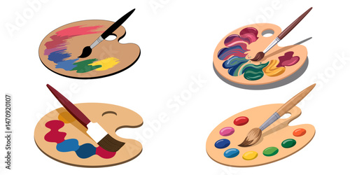 palette and brushes, Paint palette and brushes. Painting color pallette, creative drawing tool. Artistic supplies, oil colour pallet on wooden board, artist accessory. Flat vector illustration.