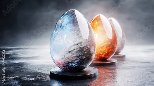 Three glossy, sculpted eggs, one cool, one hot