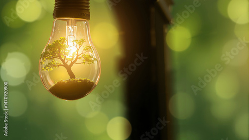 Tree Growing Inside a Light Bulb – Concept of Green Energy photo