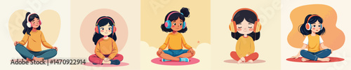 Cute Diverse Kids Listening to Music with Headphones – Vector Illustration for Education, Relaxation & Technology