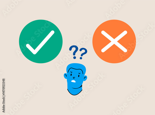 Test question. Man is thinking yes or no. Dilemma Concept. Colorful vector illustration