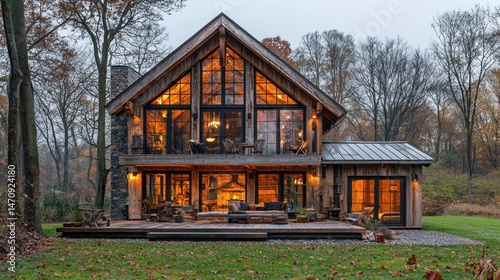 Rustic log cabin with large windows and deck