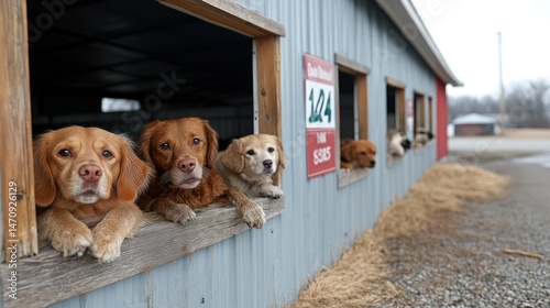 Dogs peering out of rustic barn windows