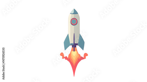 Fototapeta Naklejka Na Ścianę i Meble -  Cartoon Rocket in Mid-Launch with Fiery Exhaust on Clear Background
