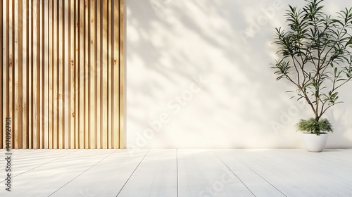 Minimalist outdoor space with wooden wall and plant. Sunny, modern, and serene patio design