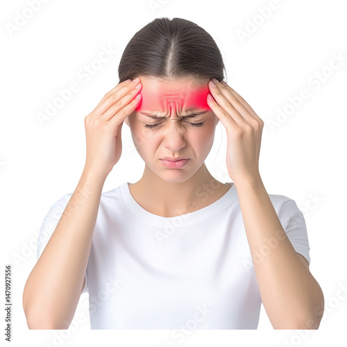 Young woman experiencing headache with hand on forehead in pain Isolated on transparent background