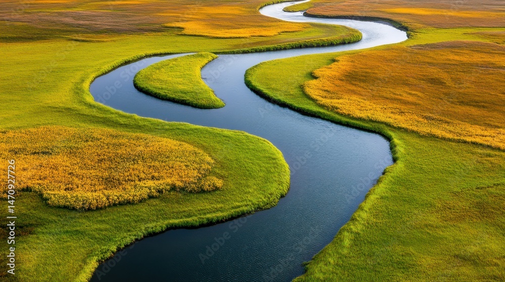 Serene river winding through lush valleys, vibrant green fields and golden grasses, perfect for nature-themed projects. Serene river winding through lush valleys, vibrant green fields and golden grasses, perfect for nature-themed projects.