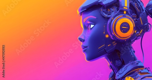 Purple, robot, headphones