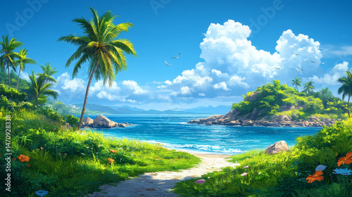 Tropical beach with palm trees and ocean under blue sky and white clouds